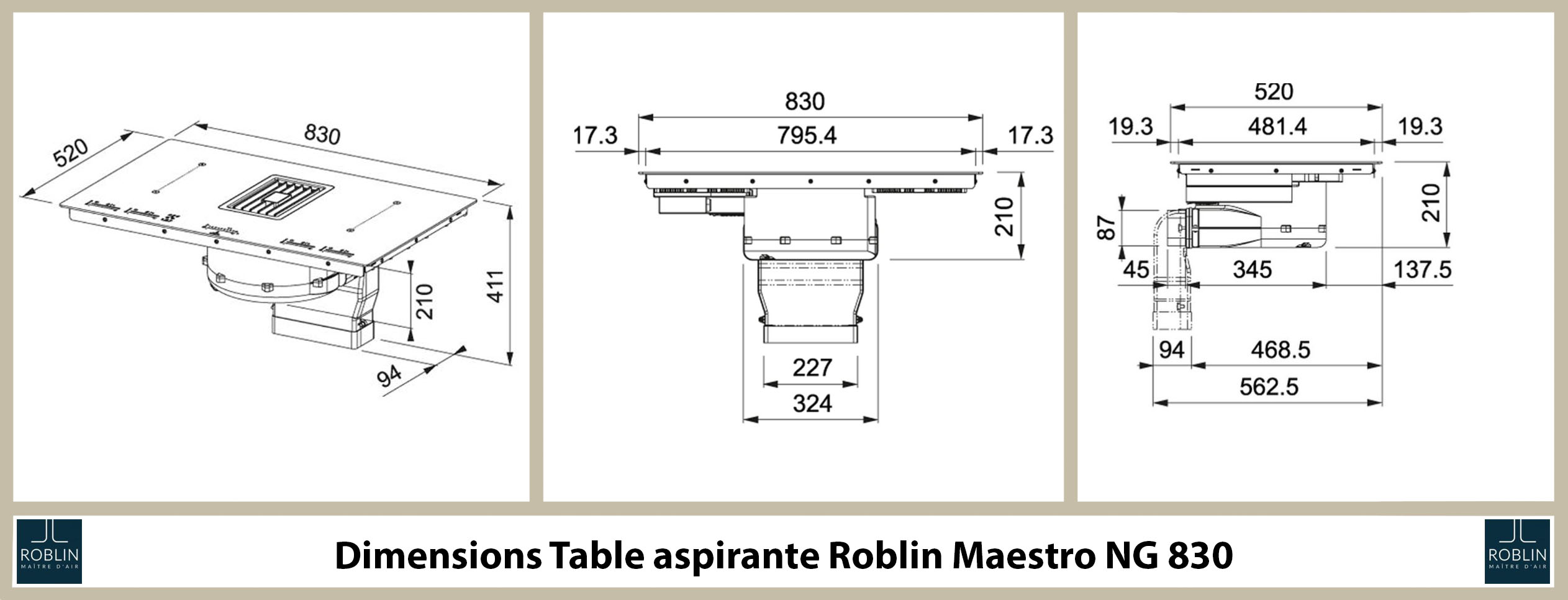 dimensions de la table aspirante maestro NG830 de roblin