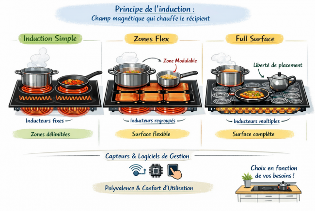 3 fonctionnements de tables induction (types inducteurs)